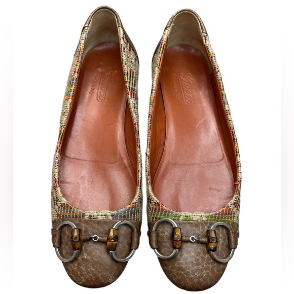 GUCCI Multi Tweed Raffia Tan Leather Horsebit Ballet Flats 37 or 7 in women - Picture 4 of 14